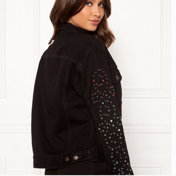 SALE Levi’s Trucker Ex Boyfriend Crystal Studded Black Wash Jean Jacket - Picture 11 of 13